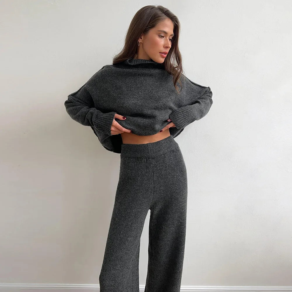 Women's Autumn and Winter New Fashion Relaxed Leisure Lazy Thick Knit Two-piece Set High Collar Slit Sweater + Long Pants Suit