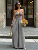 2026 Summer New Style Deep V-neck Striped Beach Dress, Sexy Backless Sleeveless Neckline Long Dress