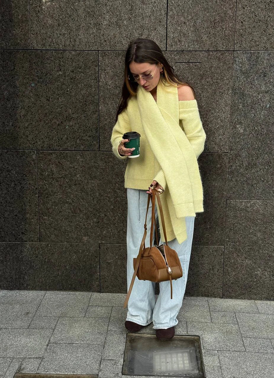 Hirsionsan 2025 New Soft Loose V Neck Knitted Sweaters Women Winter Solid Female Pullovers & Scarf Warm Basic Knitwear Jumper