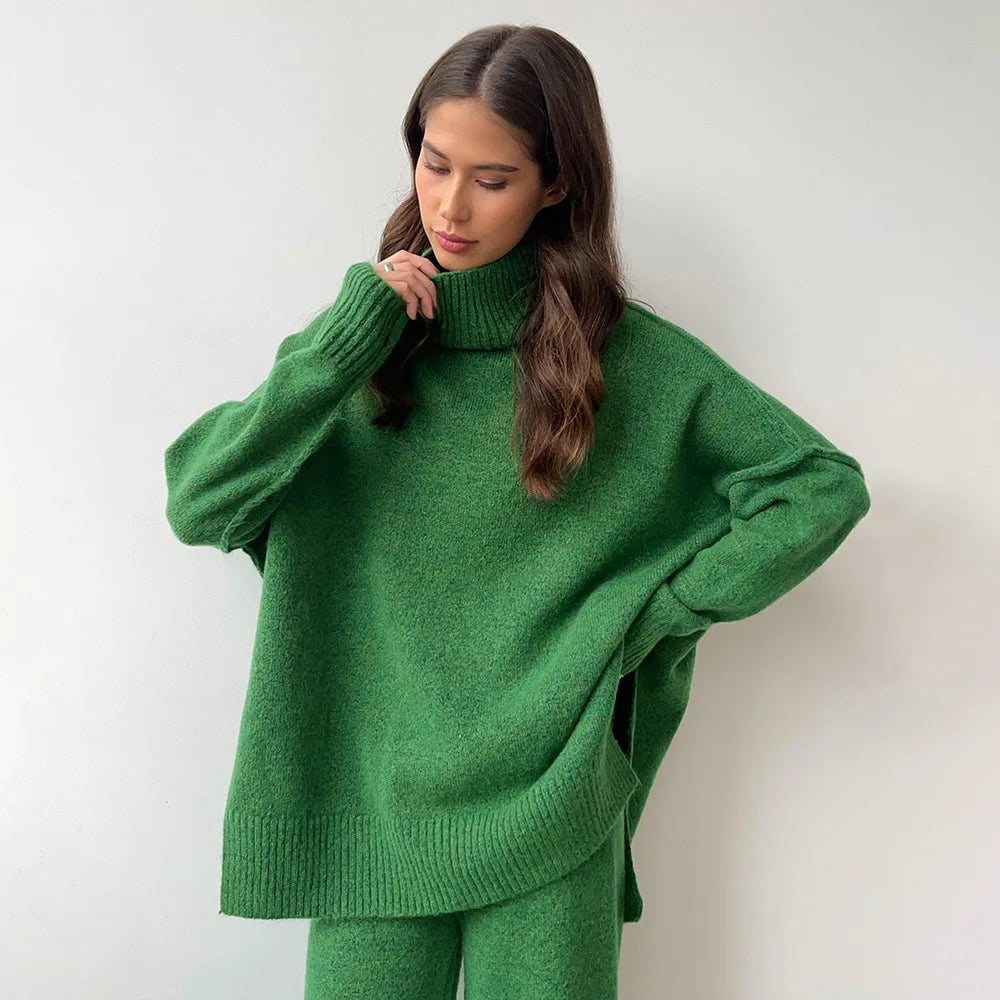 Women's Autumn and Winter New Fashion Relaxed Leisure Lazy Thick Knit Two-piece Set High Collar Slit Sweater + Long Pants Suit