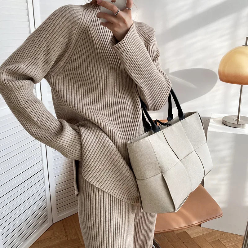 Version Of Fashion Casual Retro Winter Clothing New Warm Open Sweater Set Knit Wide Leg Pants Lazy Two-Piece Women's Suit Z290