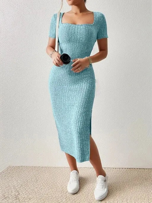 Ribbed Square Neck Midi Dress with Slit – Summer 2025
