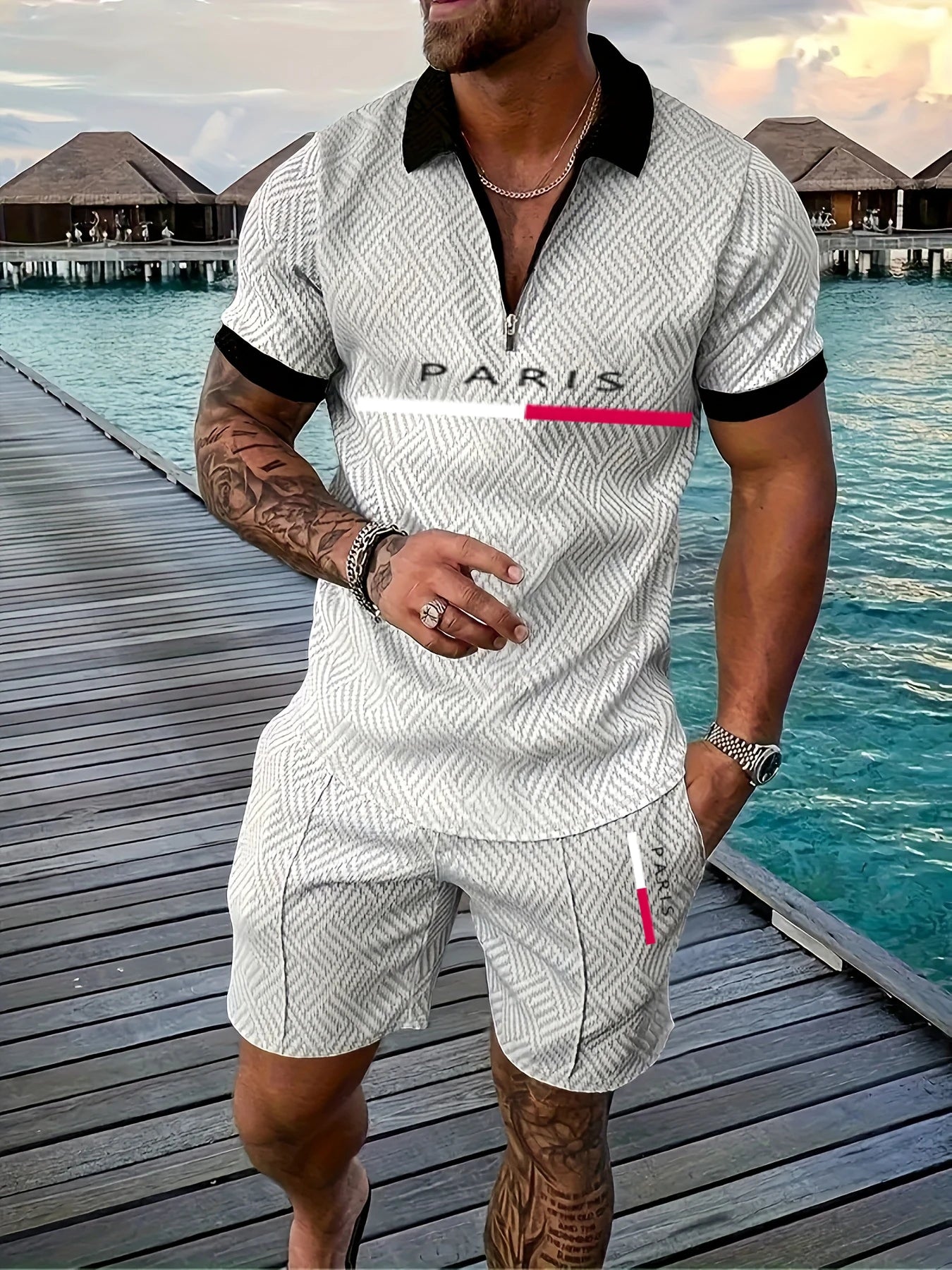 Luxury Men’s Casual Set with Short Sleeve Zip-Up Shirt