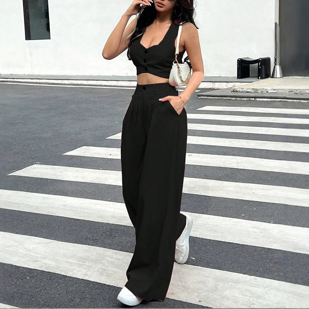 Summer Style Set – Sleeveless Buttoned Crop Top + High-Waist Straight Pants