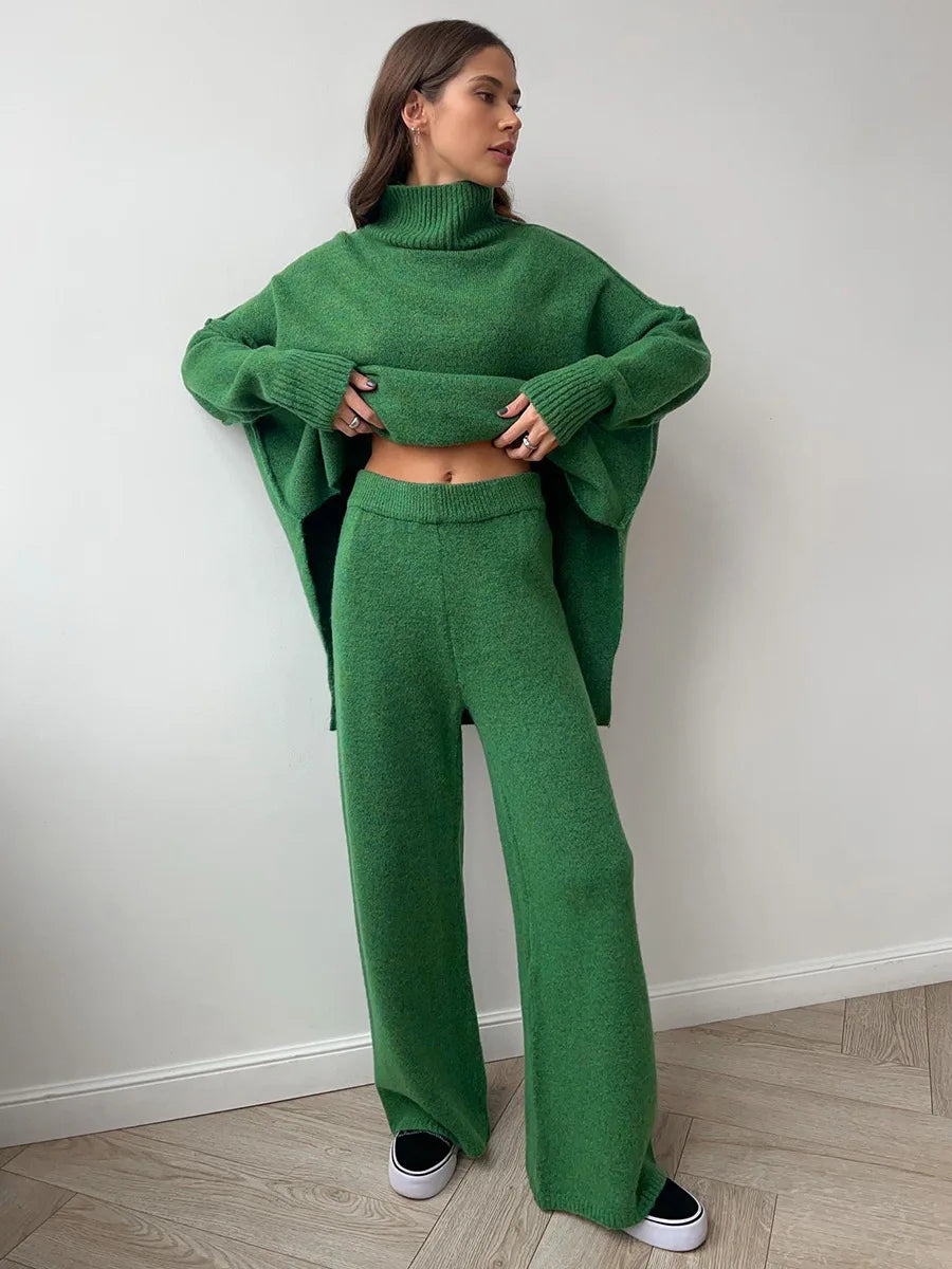 Women's Autumn and Winter New Fashion Relaxed Leisure Lazy Thick Knit Two-piece Set High Collar Slit Sweater + Long Pants Suit