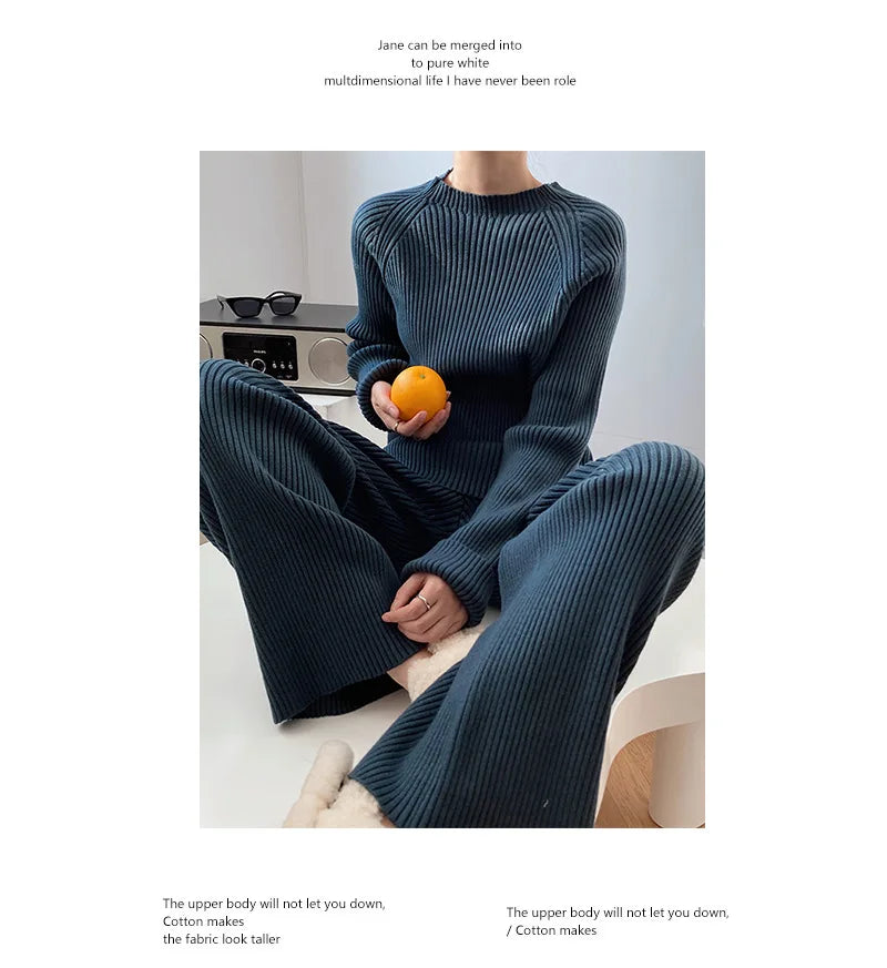 Version Of Fashion Casual Retro Winter Clothing New Warm Open Sweater Set Knit Wide Leg Pants Lazy Two-Piece Women's Suit Z290