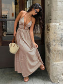 2026 Summer New Style Deep V-neck Striped Beach Dress, Sexy Backless Sleeveless Neckline Long Dress