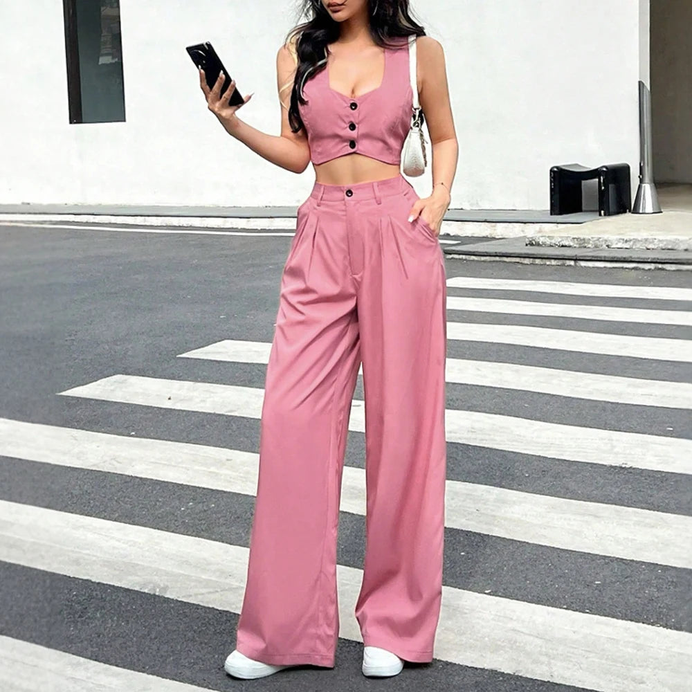 Summer Style Set – Sleeveless Buttoned Crop Top + High-Waist Straight Pants