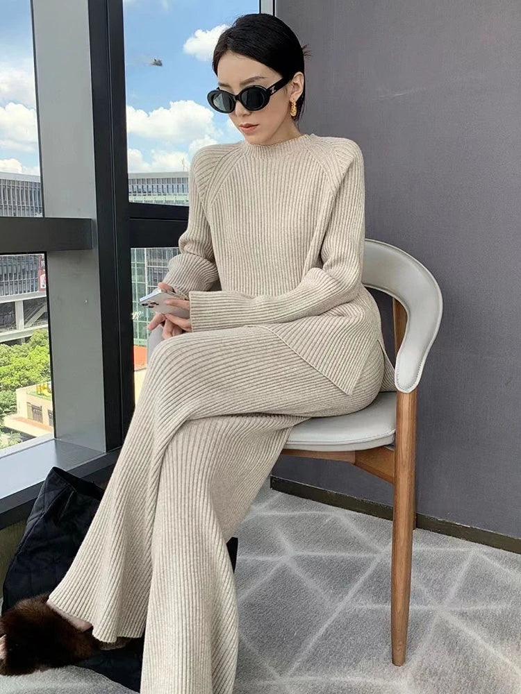 Version Of Fashion Casual Retro Winter Clothing New Warm Open Sweater Set Knit Wide Leg Pants Lazy Two-Piece Women's Suit Z290