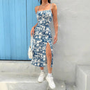 Fall 2025 Long Dress Strapless Wrap Chest High Slit Daisy Leopard Print Wrap around Skirt Maxi Dress
