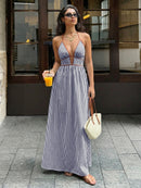 2026 Summer New Style Deep V-neck Striped Beach Dress, Sexy Backless Sleeveless Neckline Long Dress