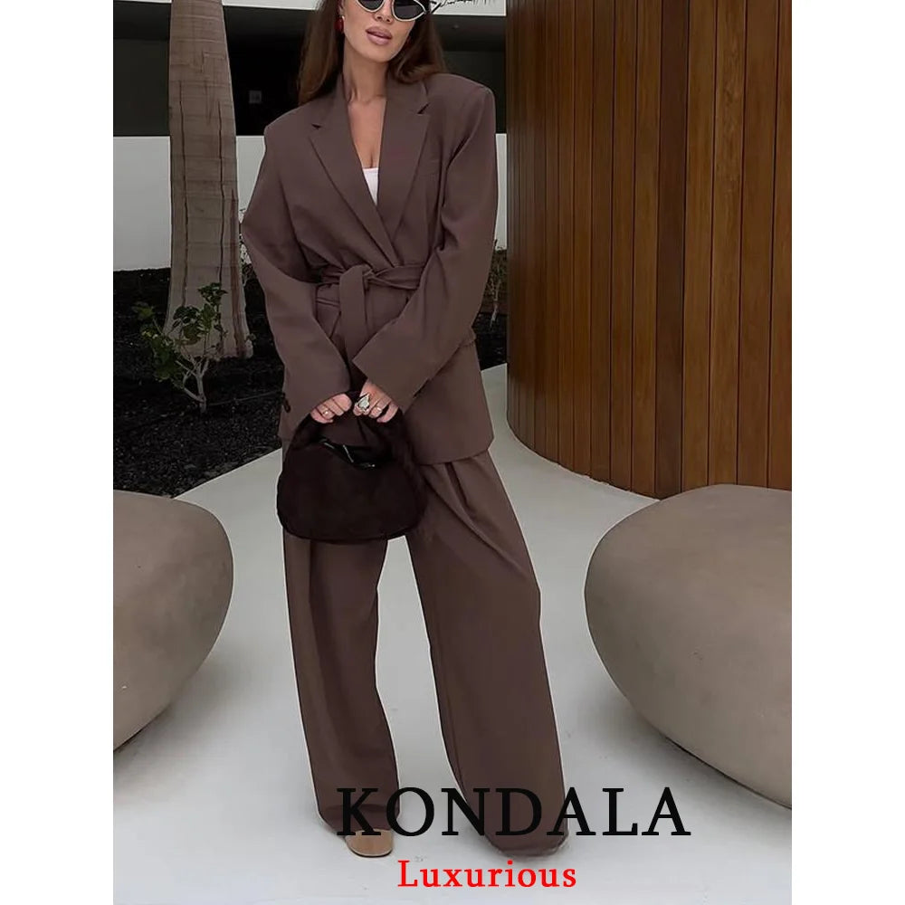 KONDALA Office Lady Casual Chic Solid Women Suit Single Button Sashes Loose Blazer Zipper Pants Fashion 2025 Autumn Winter Sets
