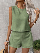 Your Perfect Summer Set: Stylish Solid Color Top & Shorts for Vacation and Leisure Days