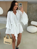 Vestido elegante para mulher com pregas, castanho, decote em V profundo, mangas compridas, modelo curto, moda feminina primavera/verão 2025, largo e elegante.