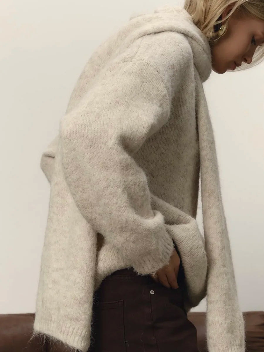 Hirsionsan 2025 New Soft Loose V Neck Knitted Sweaters Women Winter Solid Female Pullovers & Scarf Warm Basic Knitwear Jumper