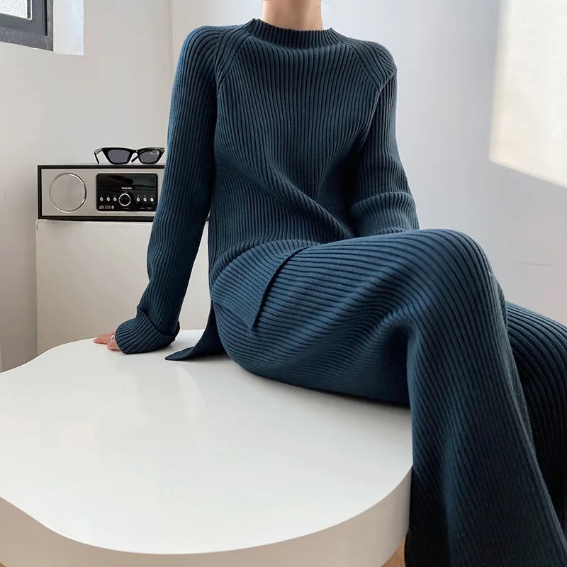 Version Of Fashion Casual Retro Winter Clothing New Warm Open Sweater Set Knit Wide Leg Pants Lazy Two-Piece Women's Suit Z290