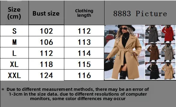 Thickened Pure Color Notch Collar Double Breasted Belted Long Length Woolen Coat for Women Comfortable Casual Style Spring Au...