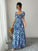 Elegant Women's Floral Print Bubble Sleeve Dress, Blue Long Dress, Front Tie Back Gathered Waist, Casual Vacation