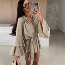 Vestido elegante para mulher com pregas, castanho, decote em V profundo, mangas compridas, modelo curto, moda feminina primavera/verão 2025, largo e elegante.