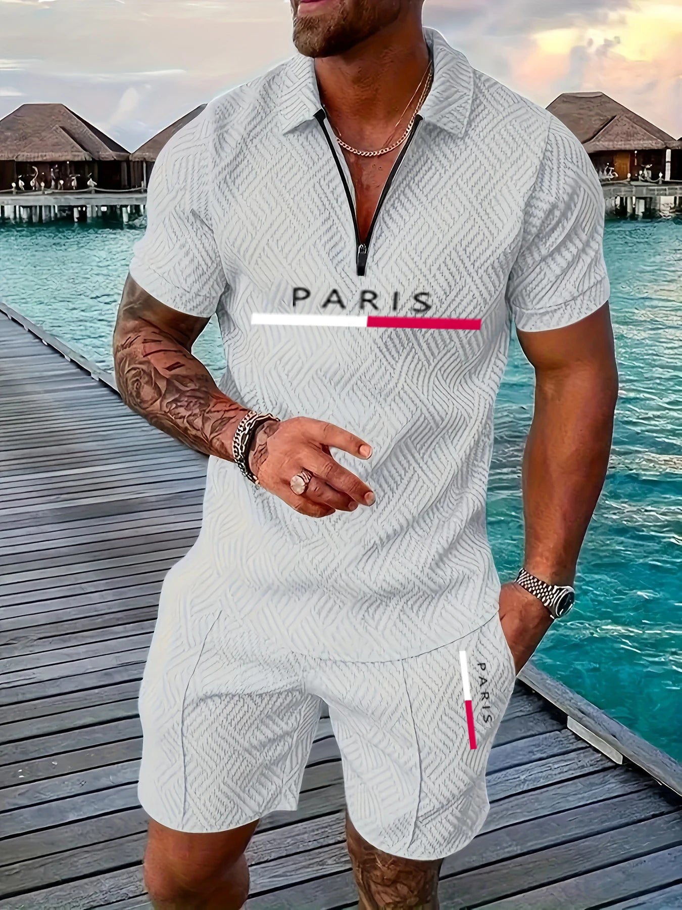 Luxury Men’s Casual Set with Short Sleeve Zip-Up Shirt