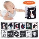 Livro de pano de alto contraste – Brinquedo sensorial a preto e branco para bebé (0–36 meses)