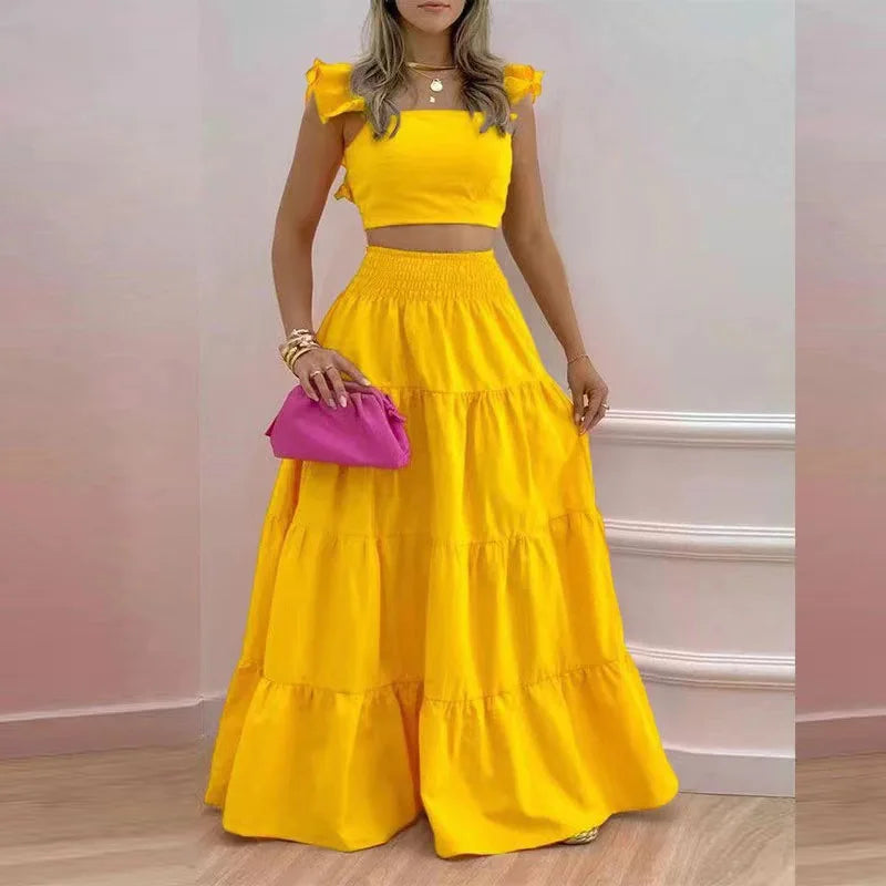 Women's 2-Piece Set – Crop Top + Maxi Skirt – Elegant Casual Outfit