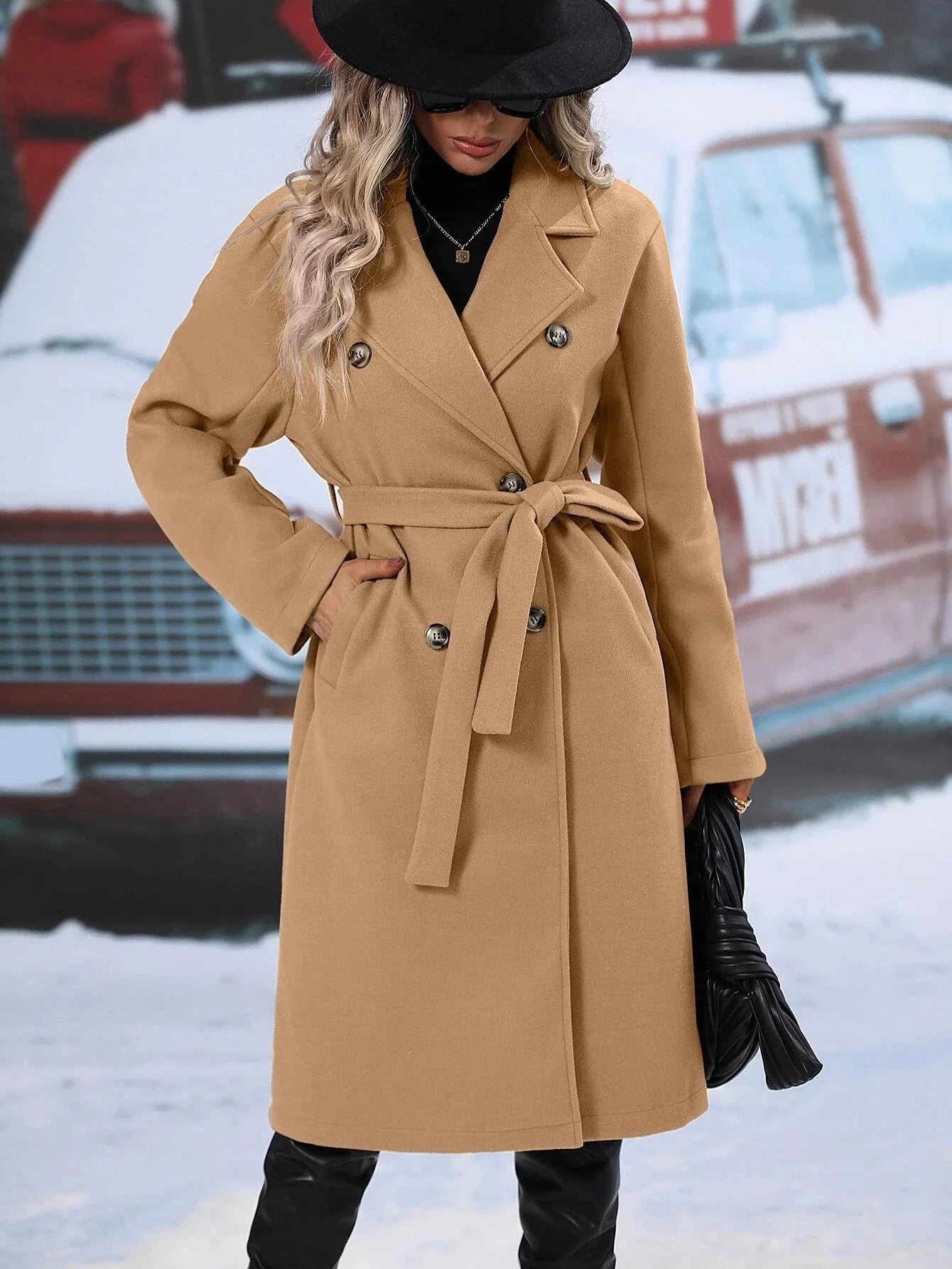 Thickened Pure Color Notch Collar Double Breasted Belted Long Length Woolen Coat for Women Comfortable Casual Style Spring Au...