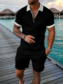 Conjunto de polo e calções desportivos de verão para homem com estampa patchwork