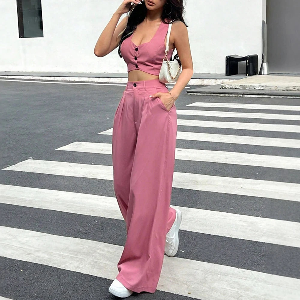 Summer Style Set – Sleeveless Buttoned Crop Top + High-Waist Straight Pants