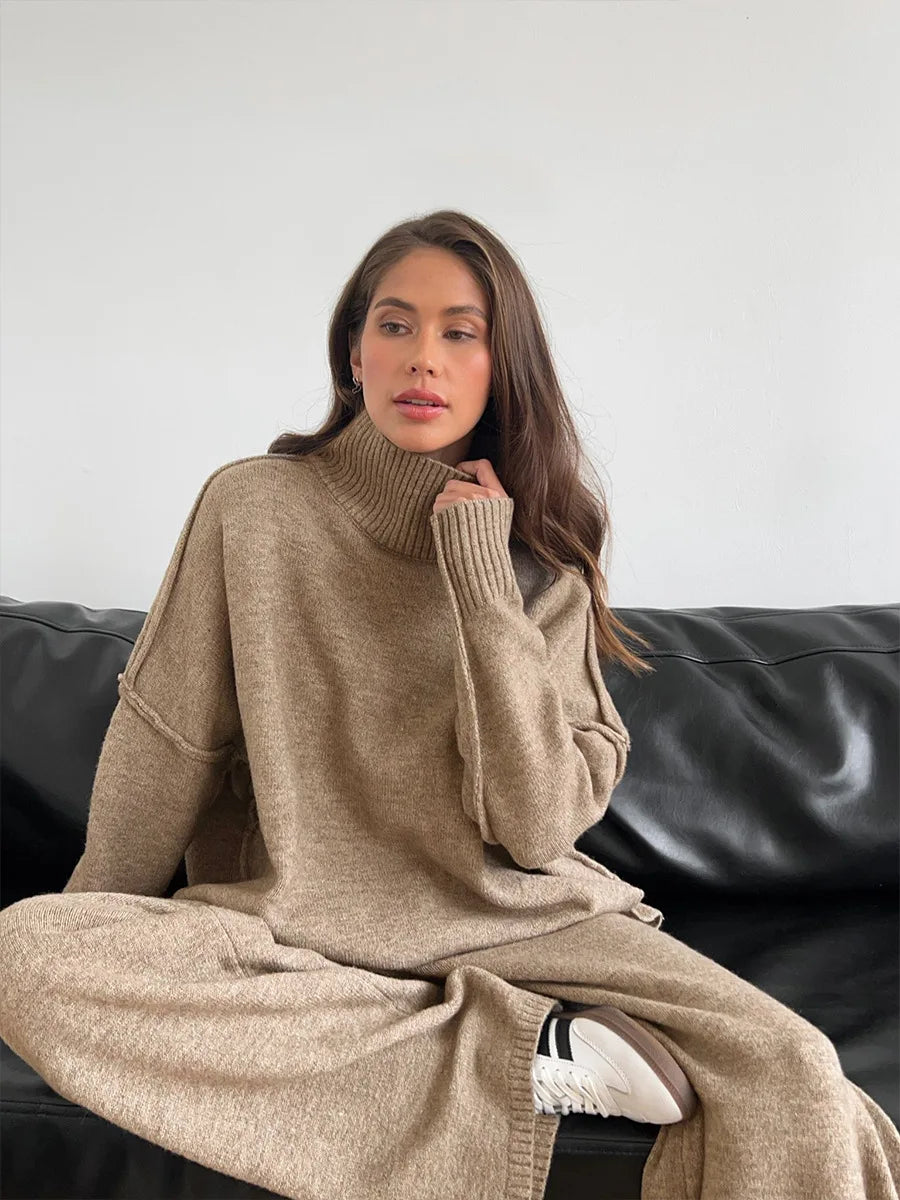 Women's Autumn and Winter New Fashion Relaxed Leisure Lazy Thick Knit Two-piece Set High Collar Slit Sweater + Long Pants Suit