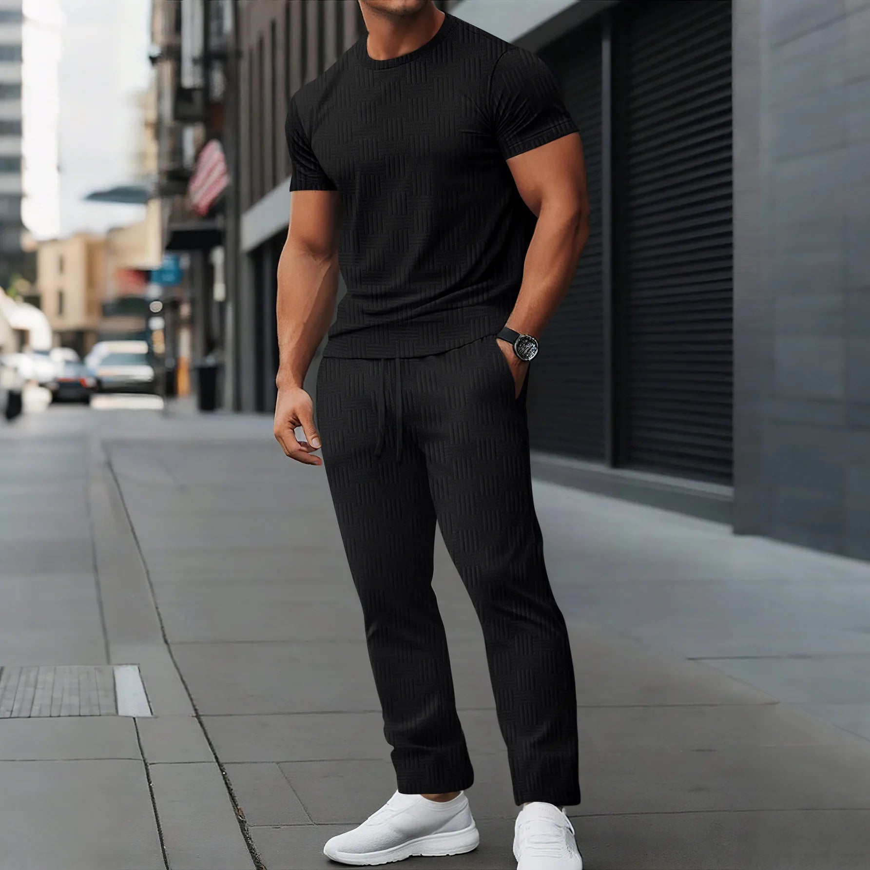 Men’s Casual Summer Set – Short Sleeve Jacquard T-Shirt with Comfortable Long Pants
