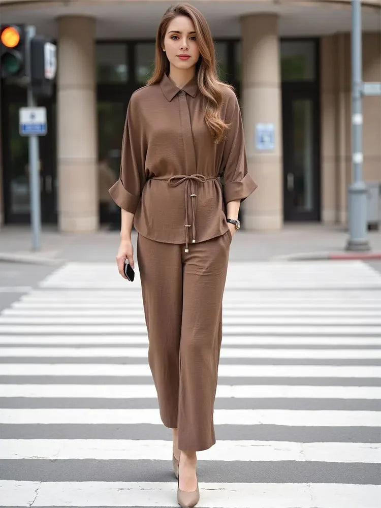 Pop Women Kimono Style Blouse Pant Sets Long Sleeve Lace Up Shirt Loose Casual Elastic Waist Trousers Spring Lady Outfit