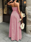2026 Summer New Style Deep V-neck Striped Beach Dress, Sexy Backless Sleeveless Neckline Long Dress
