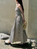 2026 Casual Spaghetti Strap Dresses For Ladies A-line Dress Vestido For Woman Temperament Striped Slim Pleated Off Shoulder Chic