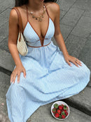 2026 Summer New Style Deep V-neck Striped Beach Dress, Sexy Backless Sleeveless Neckline Long Dress