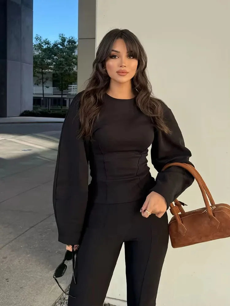 HH Women's 2-Piece Set Fashion Slimming Double-Sided Fabric Round Neck Long-Sleeve Top+Elegant Stretch Casual Wide Leg Pants