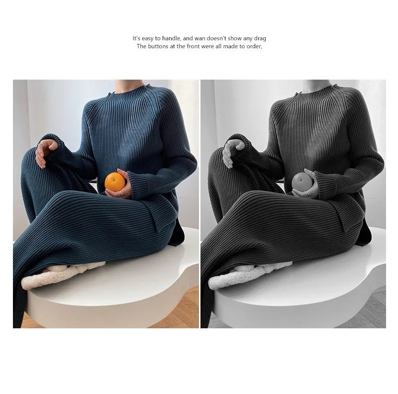 Version Of Fashion Casual Retro Winter Clothing New Warm Open Sweater Set Knit Wide Leg Pants Lazy Two-Piece Women's Suit Z290