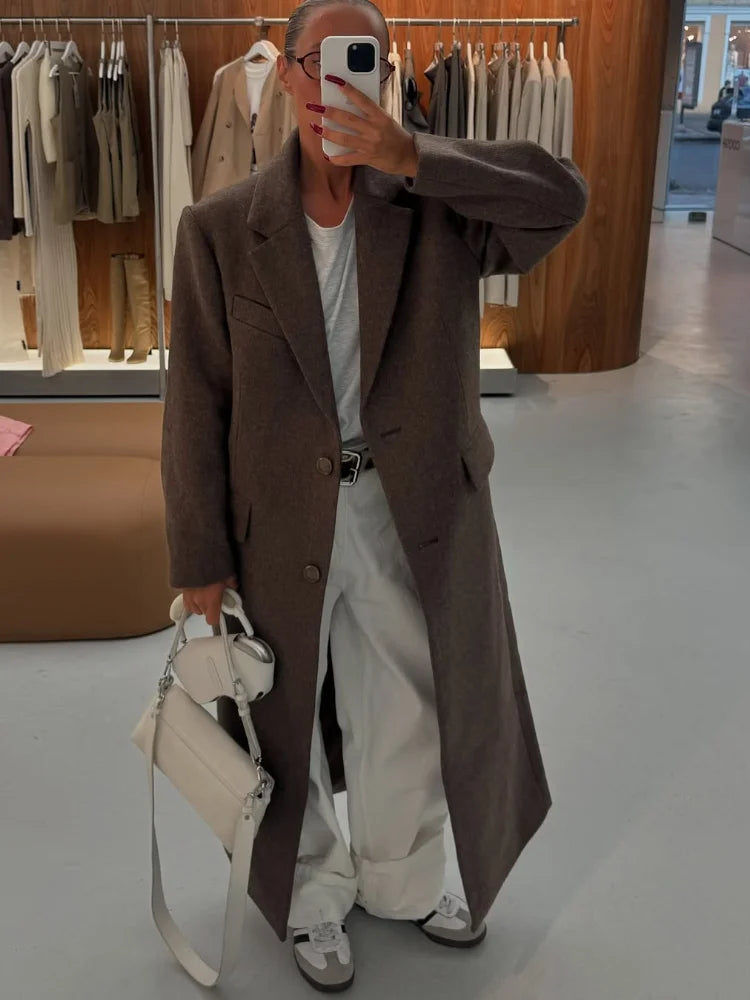 Brown Shoulder Pad Wool Blend Overcoat Women Elegant Lapel Single-breasted Long Sleeve Coat 2025 Autumn Lady Commuter Outerwear