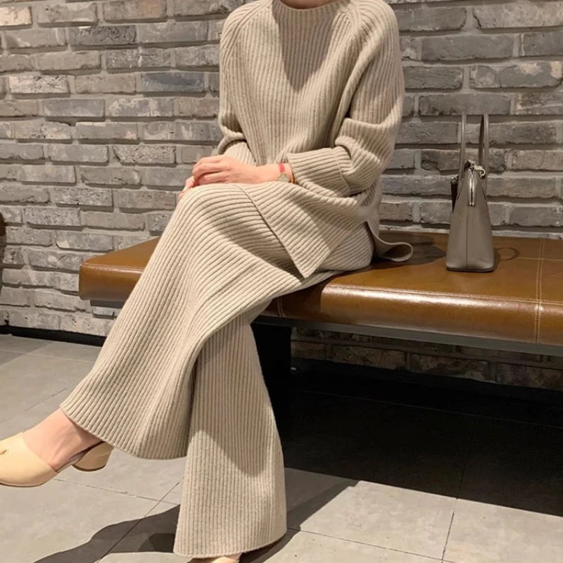 Version Of Fashion Casual Retro Winter Clothing New Warm Open Sweater Set Knit Wide Leg Pants Lazy Two-Piece Women's Suit Z290