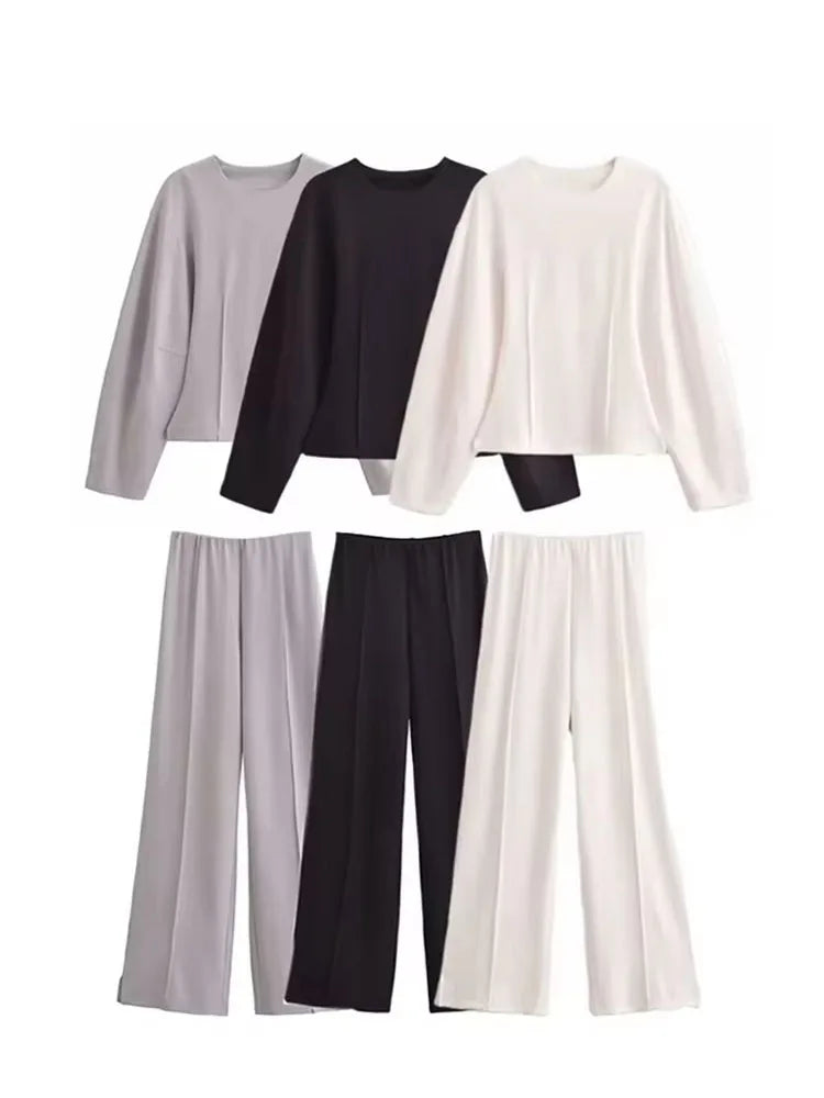 HH Women's 2-Piece Set Fashion Slimming Double-Sided Fabric Round Neck Long-Sleeve Top+Elegant Stretch Casual Wide Leg Pants