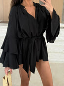 Vestido elegante para mulher com pregas, castanho, decote em V profundo, mangas compridas, modelo curto, moda feminina primavera/verão 2025, largo e elegante.
