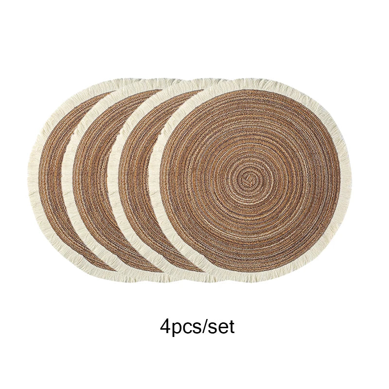 4pcs/set Round Woven Placemats with Fringe – Eco-Friendly & Modern Design