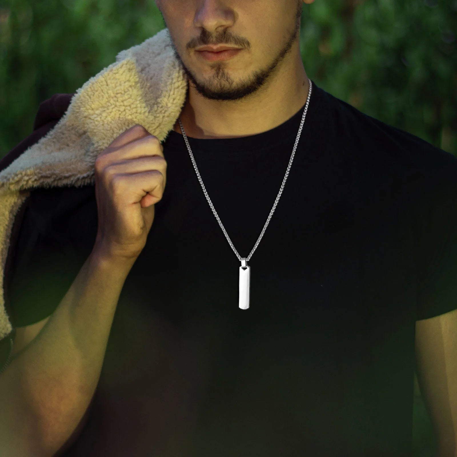Men’s Necklace Set with Vertical Bar Pendant and Dual Stainless Steel Chains