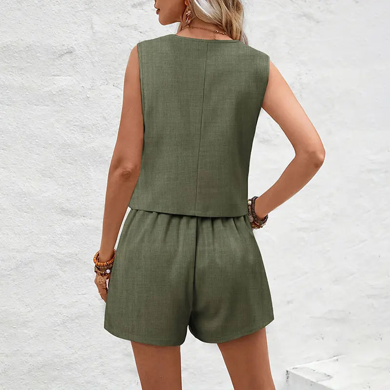 Elegant Women's Summer Set – Sleeveless Vest + High-Waist Shorts