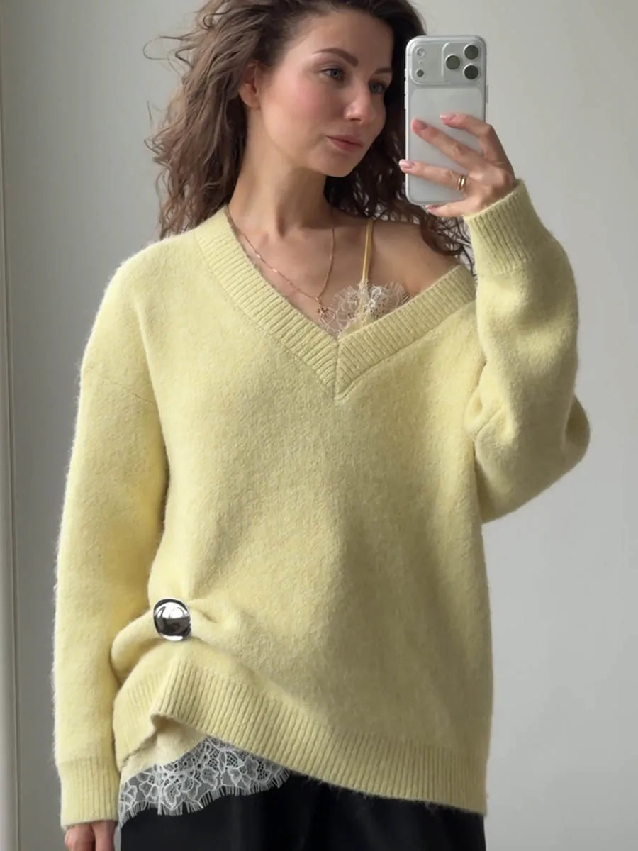 Hirsionsan 2025 New Soft Loose V Neck Knitted Sweaters Women Winter Solid Female Pullovers & Scarf Warm Basic Knitwear Jumper