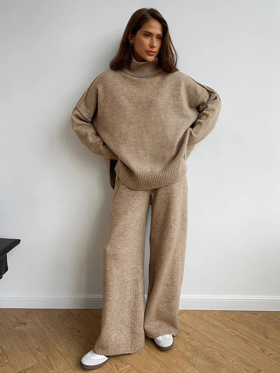 Women's Autumn and Winter New Fashion Relaxed Leisure Lazy Thick Knit Two-piece Set High Collar Slit Sweater + Long Pants Suit