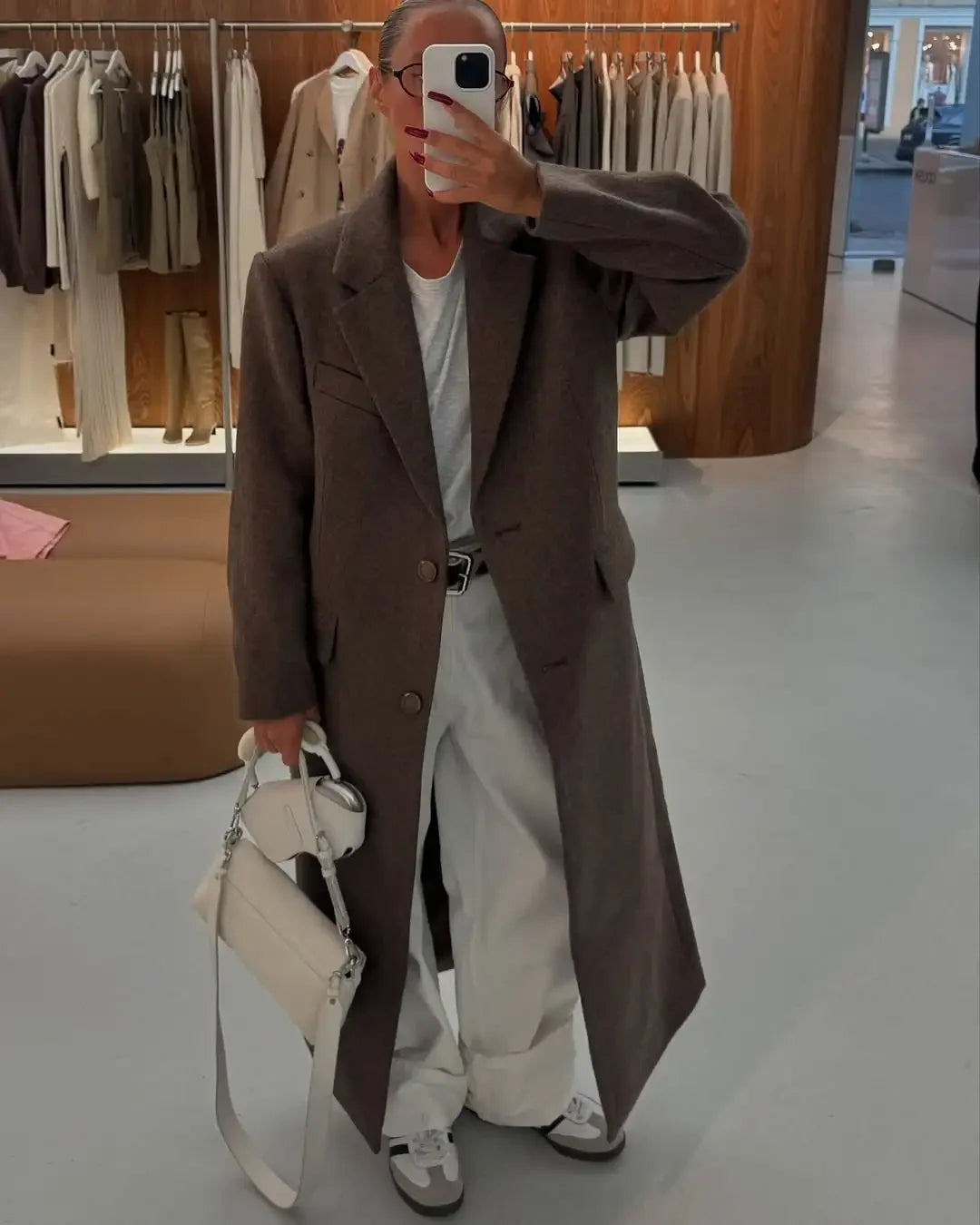 Brown Shoulder Pad Wool Blend Overcoat Women Elegant Lapel Single-breasted Long Sleeve Coat 2025 Autumn Lady Commuter Outerwear