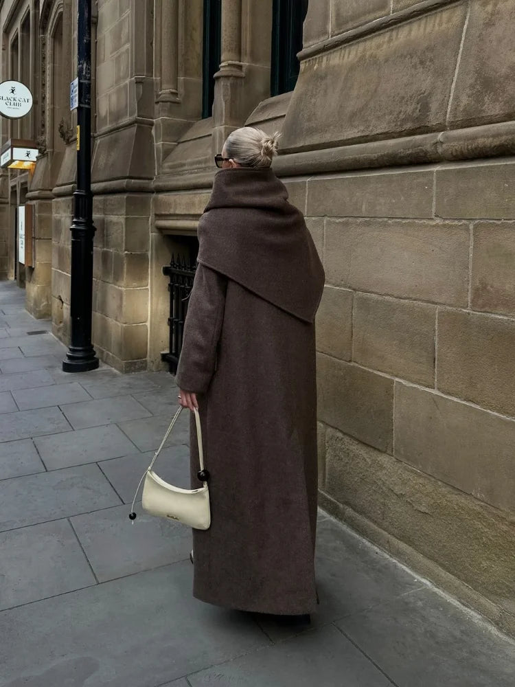 Brown Shoulder Pad Wool Blend Overcoat Women Elegant Lapel Single-breasted Long Sleeve Coat 2025 Autumn Lady Commuter Outerwear