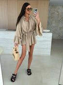 Vestido elegante para mulher com pregas, castanho, decote em V profundo, mangas compridas, modelo curto, moda feminina primavera/verão 2025, largo e elegante.