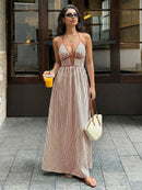 2026 Summer New Style Deep V-neck Striped Beach Dress, Sexy Backless Sleeveless Neckline Long Dress